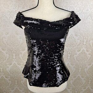 River Island Size 6 Black Sequin On/Off Shoulder Fitted Top Back Hidden Zipper